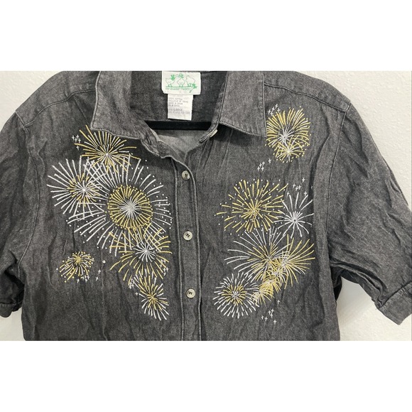The Quacker Factory‎ Shirt Women's Large L Gray Button Down Firework Embroidered - Picture 7 of 7